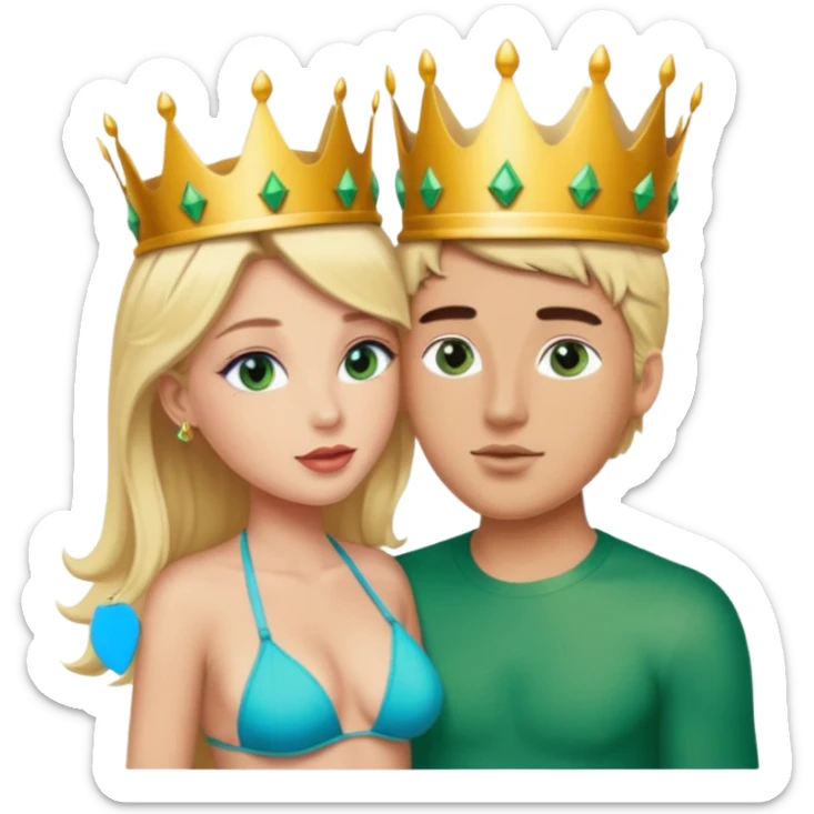 Blonde Queen Green eyes with crown in Bikini kissing Male subject without crown dark Hair blue eyes sticker