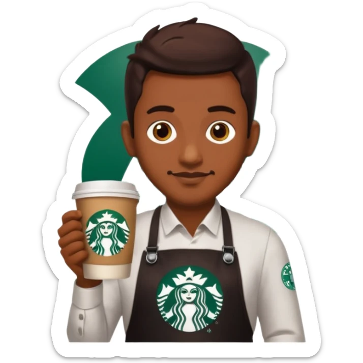 create a sticker of my male bangladeshi friend who is supervisor at starbucks plus coffemaster so black apron woth coffeemaster on it and starbucks logo sticker