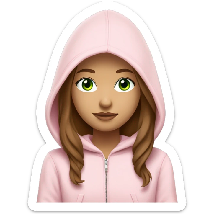 a girl with brown long hair, light beige skin, green eyes, is working relaxed at a modern laptop in a monochrome pale pink zip hoodie with a hood and a pink monochrome T-shirt sticker