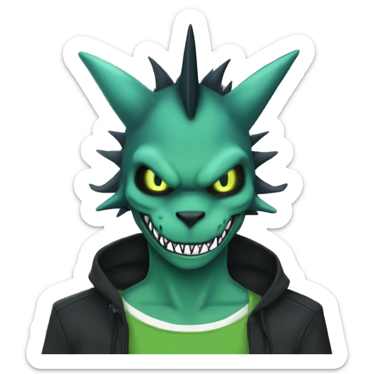 Digimon-Fakémon, horns, black body, green mane, anthro, furry, shark, black skull face, black skull mask, green stripes, tufted tail, full body, shark, creature, vernid, LiLaiRa, sticker