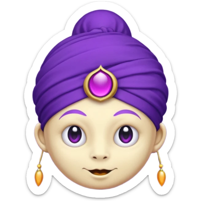 Saturn 🪐 with its rings as the main focus, wearing a whimsical turban, with a small purple devil face 😈, cartoon emoji style, vibrant and centered.
 sticker