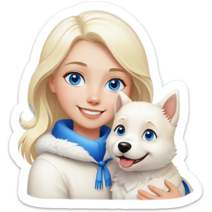 Blondie and blues eyes girl smiling with White dog in snow sticker