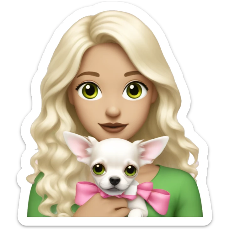 pale blond girl with wavy long platinum hair with green eyes holding a white chihuahua puppy that wearing a pink bow sticker