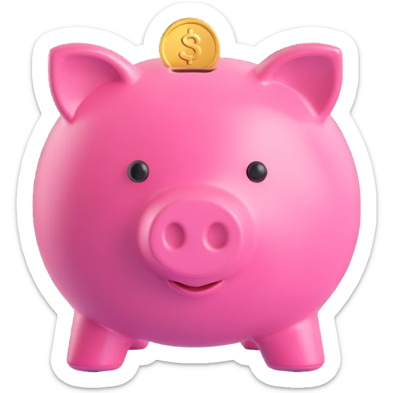 pink piggy bank with a coin, 3d cartoon, smooth and shiny sticker