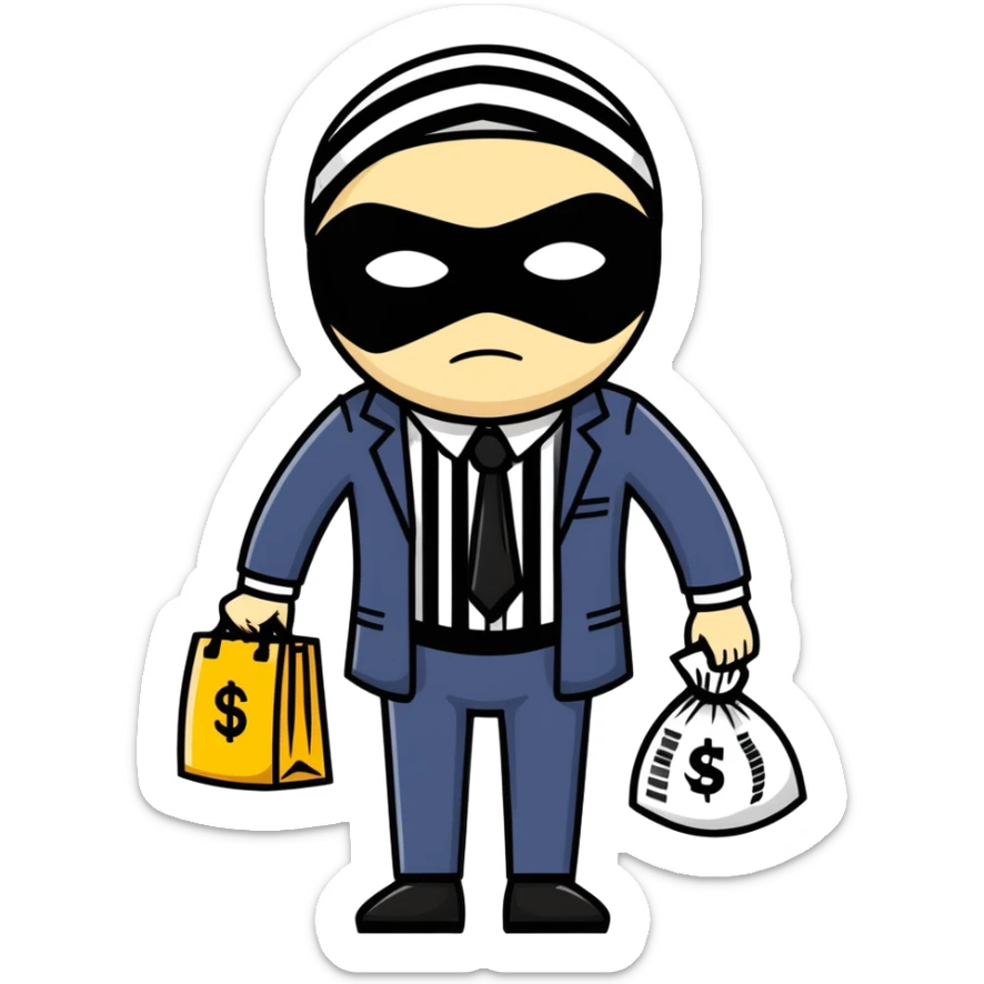 A thief with a bag of money on his back, wearing a striped suit and a black eye mask sticker