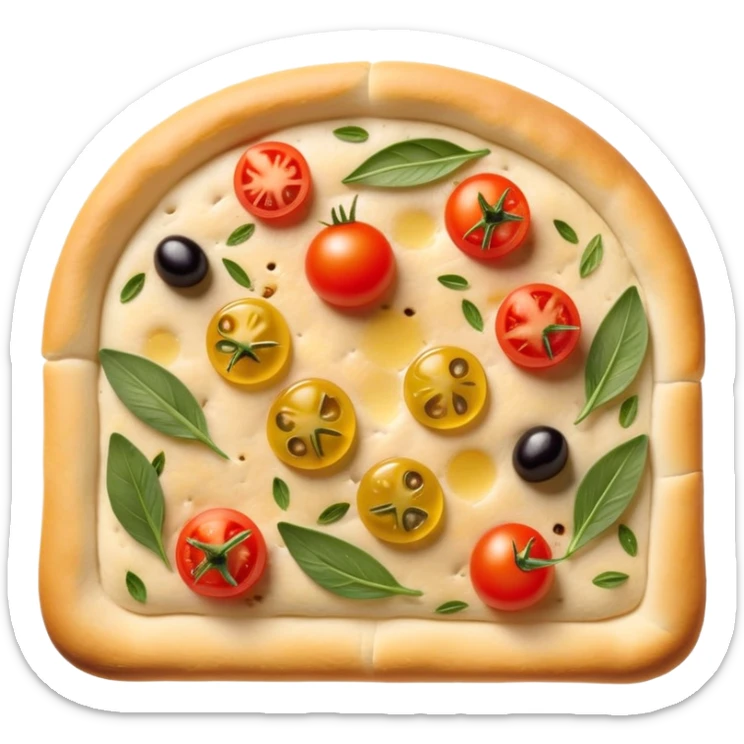 cinematic-realistic-focaccia-bread-dish-emoji,-depicted-as-a-golden,-olive-oil-brushed-flatbread-sprinkled-with-herbs-rendered-with-lifelike-texture-and-soft,-appetizing-lighting showing olives on top and the cherry tomatoes sticker