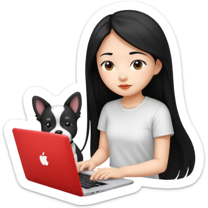 Blue back ground, Asian girl with long black hair , wearing a white t-shirt, working on an Apple laptop, next to her is a small black and white dog sticker