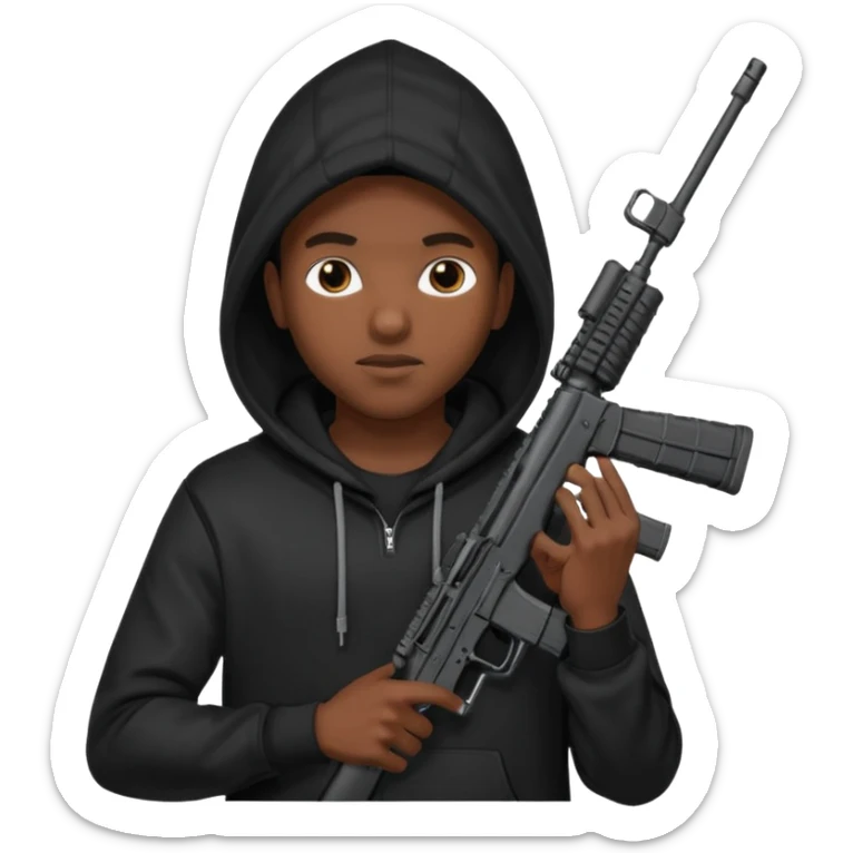 
Fais moi un jeune afro américain qui ressemble a un gangster qui tient une AR15 avec un hoodie a capuche, capuché sticker