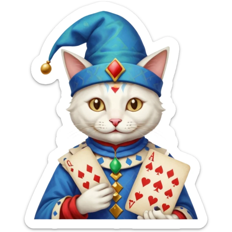 crazy colorful cute little cat jolly joker from poker, medieval, vintage, court jester, mac os icon, blue color, poker cards sticker