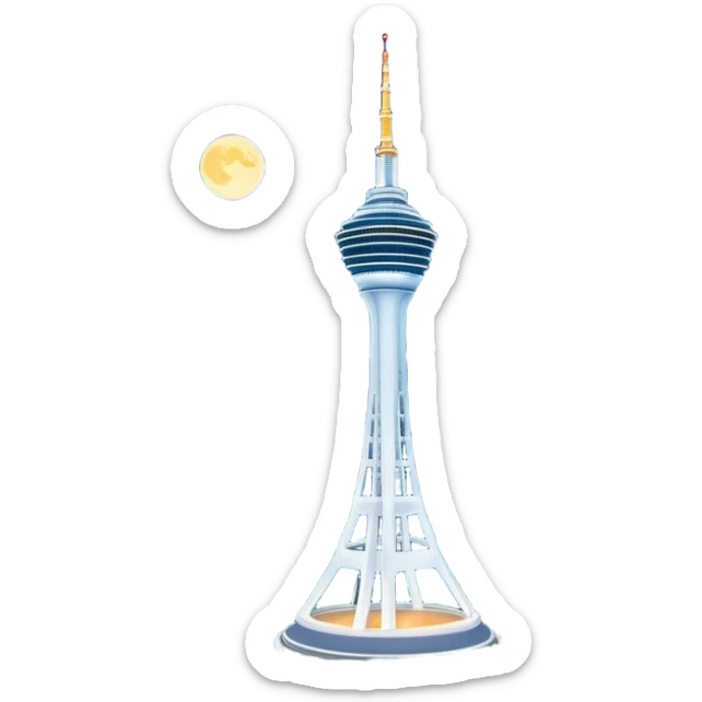 Cinematic Realistic N Seoul Tower Landmark Emoji, featuring the iconic tower perched atop Namsan Mountain, glowing against the night sky with panoramic city lights stretching beyond. sticker
