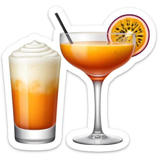 Dark orange cocktail with white froth and passion fruit garnish in a coupe cocktail glass sticker