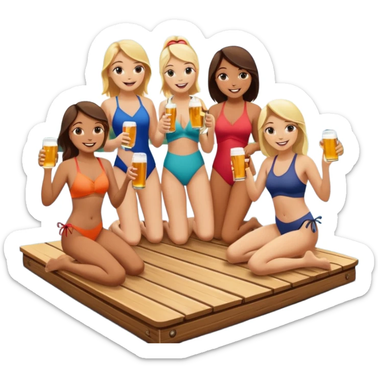 Girls in swimsuits sit on a dock and cheers bottled beers together on a dock on a lake sticker