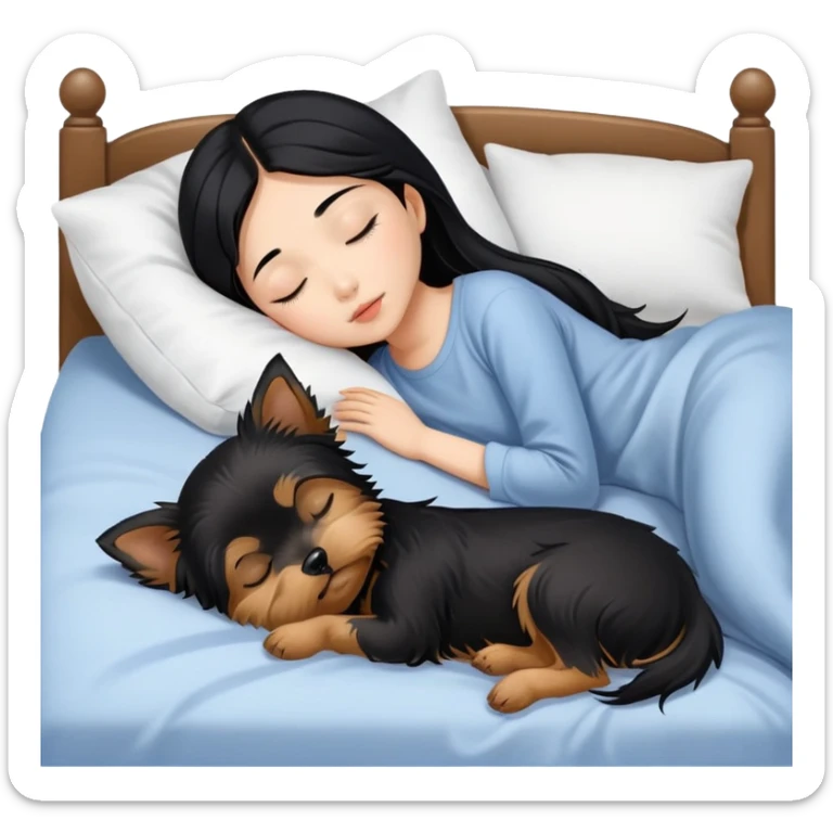 pretty asian girl with black hair sleeping in bed with yorkshire terrier sticker