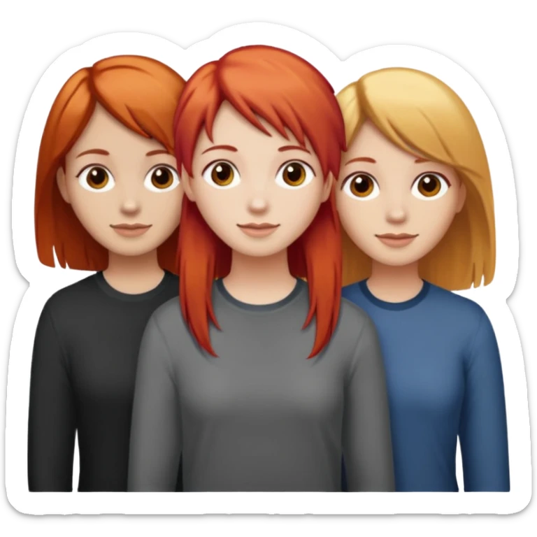 Can you create an image of 3 friends together one with red bright hair light skin one the other with brown hair with some blonde highlights in the hair fair skin the last one with light brown a tint of orange hair and Brown hair sticker