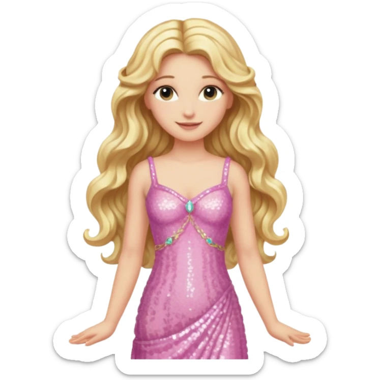 Aphrodite from Greek Mythology with long blonde wavy hair, pink sequin dress sticker