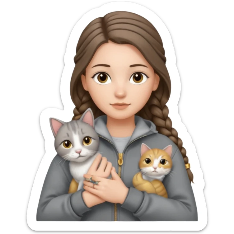 a white girl with long brunette hair in braid that is over her shoulder. shes holding a grey cat. the girl has long lashes and has on a grey zip up that is half way zipped  and under a white shirt and gold jewelry that is gold bracelets. sticker