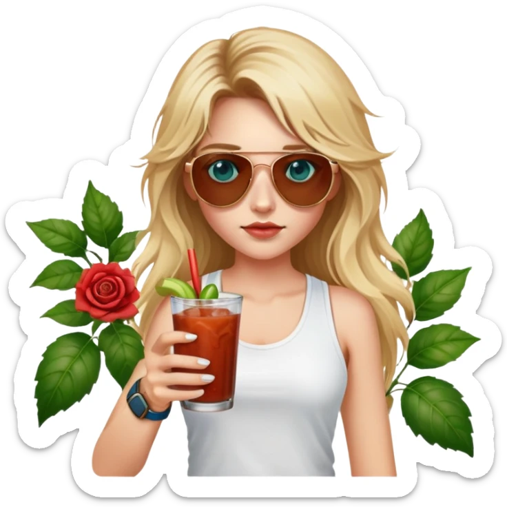 girl with long blond messy hair
with blue eyes
and aviator sunglasses
wearing white tank top 
holding bloody mary
wearing (rose gold apple watch with forest green band) sticker