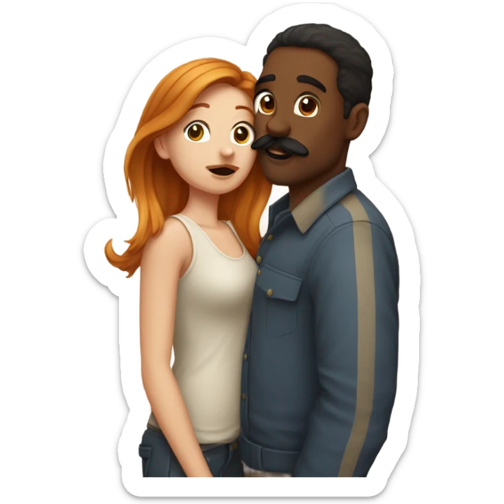 Red headed white girl kissing a brown man with mustache on the cheek  sticker
