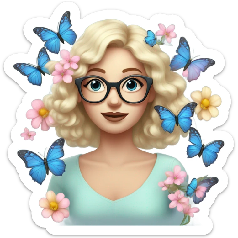 Gorgeous pastel lady with flowers and butterflies with blue eyes and glasses  sticker