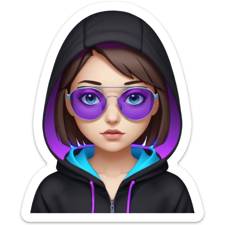 
girl with brown bob and blue eyes in a black hoodie and sunglasses. Cyberpunk style. Violet neon. sticker
