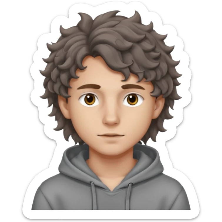 18 year old boy siren eyes good jawline with grey hoodie and long brown wavy curly wolf cut hair sticker