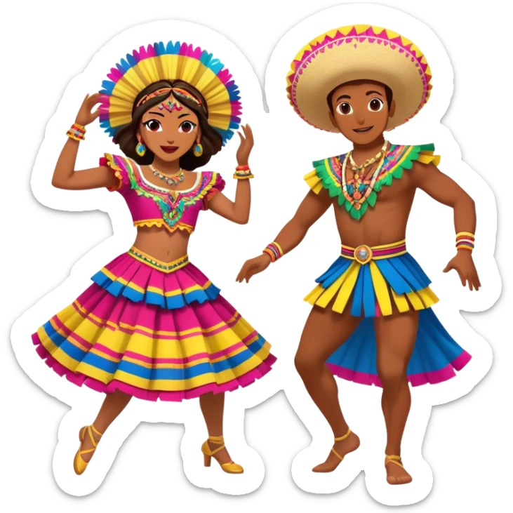 Cinematic Realistic scene of two dancers performing Cumbia, adorned in colorful traditional Colombian costumes with intricate details, captured in rhythmic motion with lively, festive lighting sticker