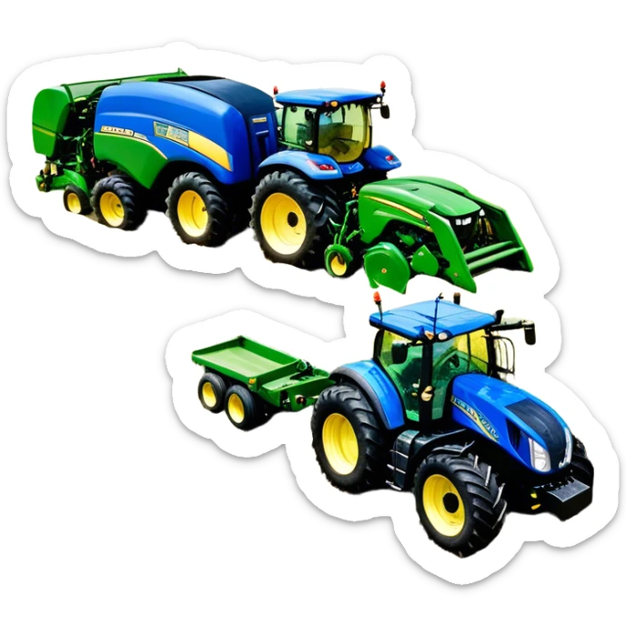 Baler – New Holland Roll-Belt 560 (2018) – Cinematic-realistic John Deere 6155M tractor towing a New Holland Roll-Belt 560 baler, its deep green body contrasting with the bright blue baler. The massive machine moves steadily through golden fields, compressing freshly cut hay into tight round bales, while dust swirls under the blazing afternoon sun. sticker