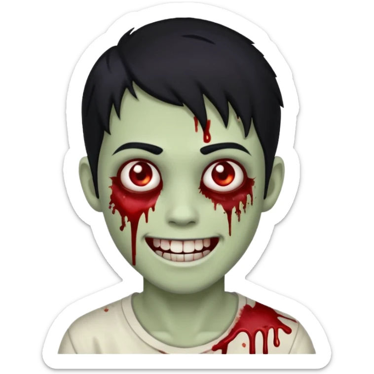 Teen zombie with black hair smiling with blood all over him sticker