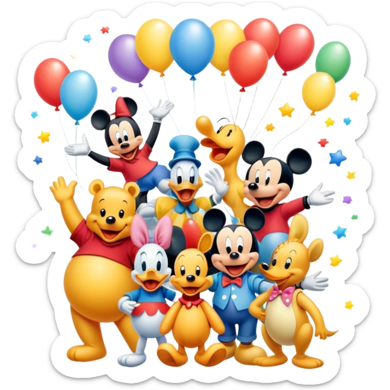 Icon for Animated Movies: A colorful, playful collage of classic cartoon characters like Goofy, Mickey Mouse, Donald Duck, Winnie-the-Pooh, and others. Bright, vibrant colors with cheerful expressions and fun elements like balloons and stars. Whimsical and nostalgic style. Transparent background. sticker