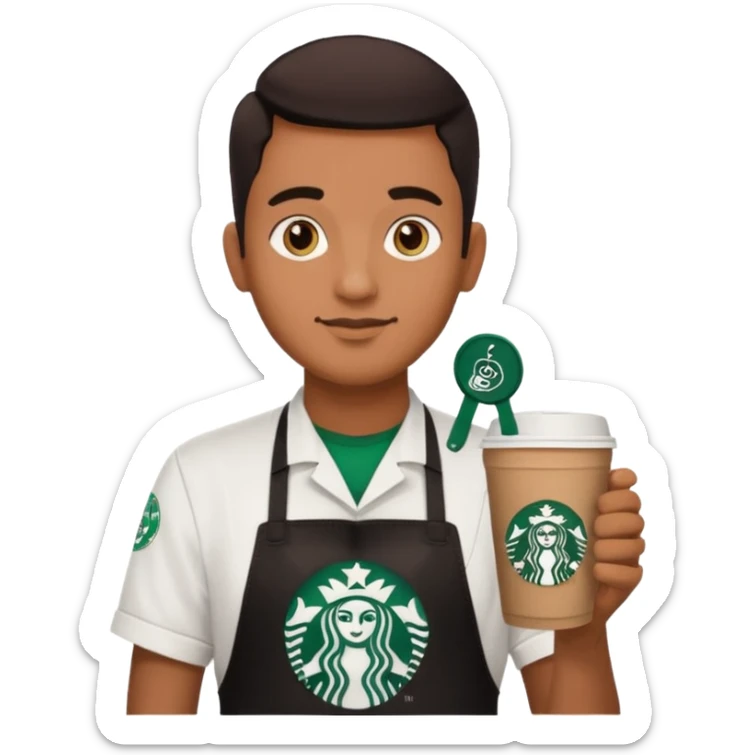 create a sticker of my male bangladeshi friend who is supervisor at starbucks plus coffemaster so black apron woth coffeemaster on it and starbucks logo he s also a comp sci student sticker