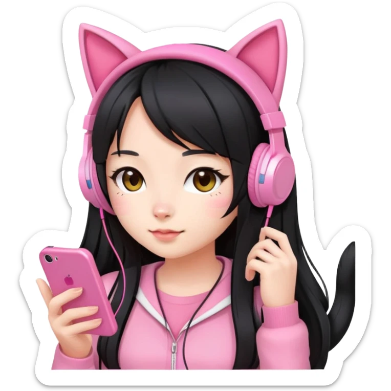 Extra cute Japanese girl with long hair, wearing pink cat ear headphones and holding a mobile phone sticker