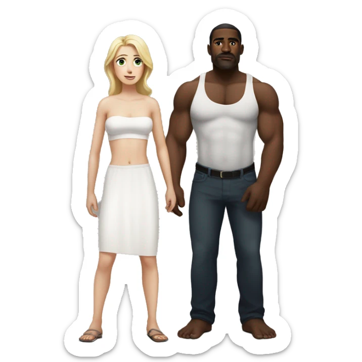 Woman  with white skin standing next to a strong black man who is shirtless and twice her height sticker