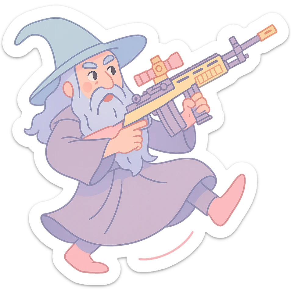 Pastel toon Gandalf the Gray holding an M-14 EBR, mid-spin, ready for a 360 no-scope, playful and colorful sticker