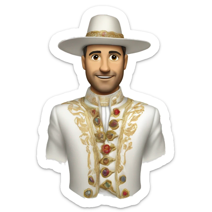 An emoji of a traditional Turkish circumcision outfit, featuring a white suit with decorative embroidery, a cape, and a matching hat adorned with feathers sticker