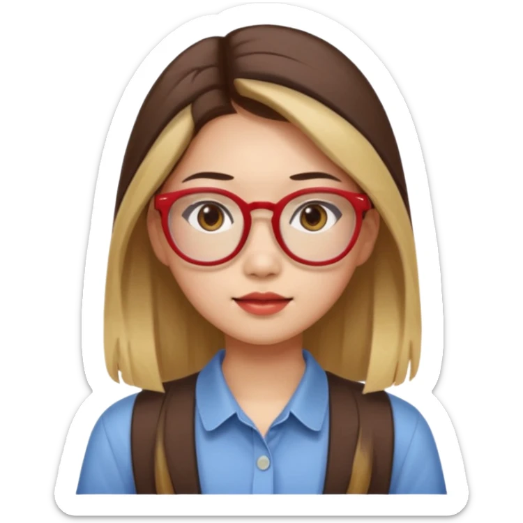 20 yr old asian woman, straight thick long brown hair, blond at ends of hair, middle part, big red glasses, brown eyes, casual shirt sticker