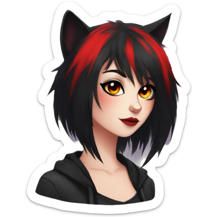 Anthro Edgy Cool Beautiful Black Cat-Fursona with Emo Hair-bangs with Red Streaks sticker