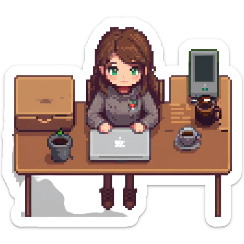 girl at desk with MacBook, coffee cup nearby, cozy atmosphere, pixel art style sticker