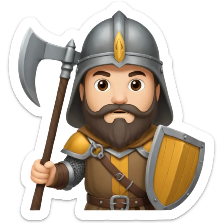 gimli lord of the rings with dark brown beard holding ax and a gray metal helmet sticker