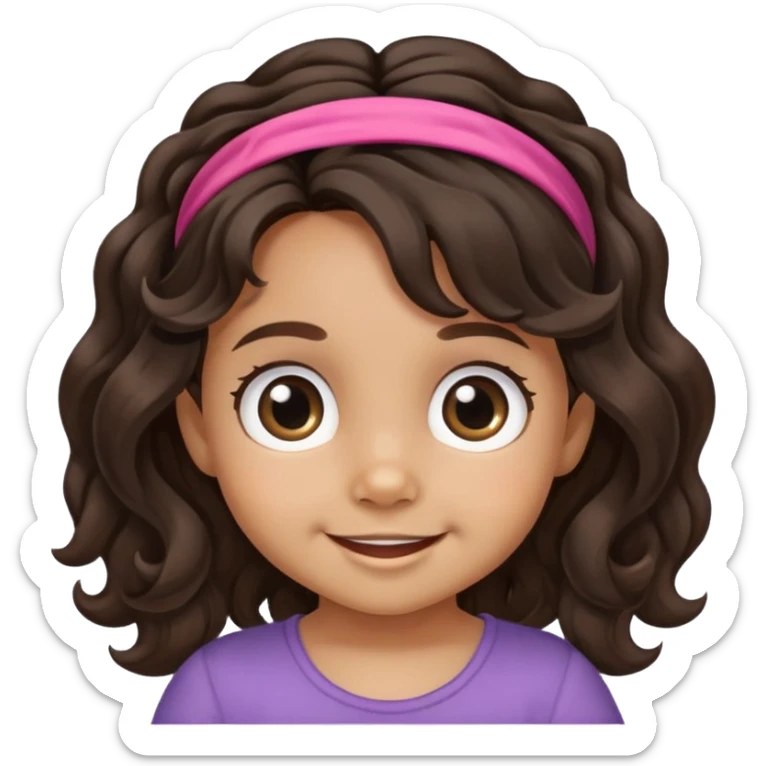 smiling toddler face with big eyes, medium skin tone, dark wavy hair, and a hair band sticker
