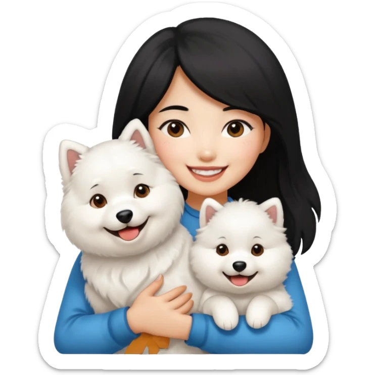 A black hair asian girl with a bright skintone holding a samoyed dog sticker