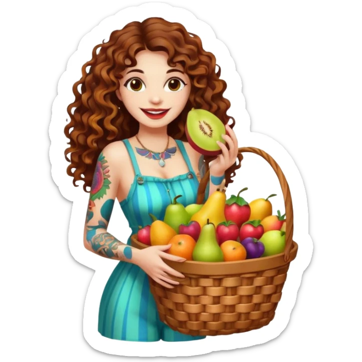 full body woman long curly brown hair brown eyes white skin tattoos holding basket of psychedelic fruits, teasing smile sticker