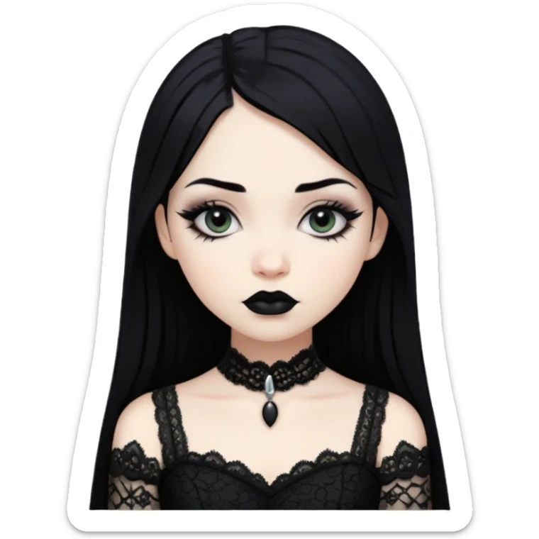 gothic girl pale skin with black lipstick and black hair and eyeliner wearing a black dress lace  sticker
