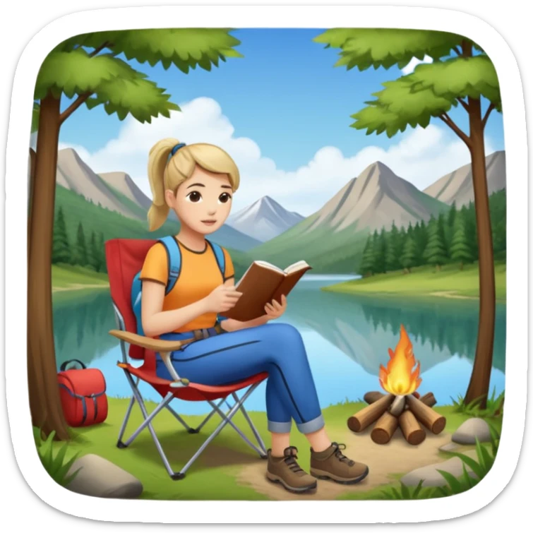 A pony tail hair woman journaling on a camping chair, enjoying the quiet nature scene. sticker