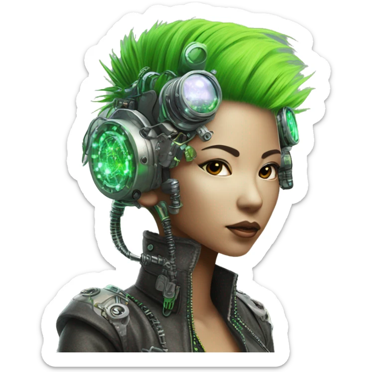 Neon green Mohawk hair Asian female cyborg head with silver steampunk goggles and circuits sticker