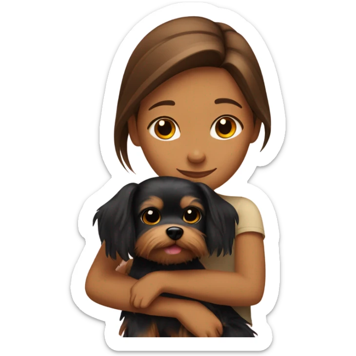 Tan girl brown straight hair hugging a yorkshire terrier dog sticker