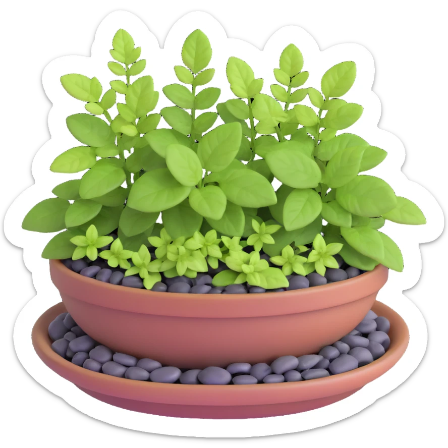 Miniature dish garden with young Plectranthus Verticillatus plants with perfectly round leaves arranged with small pebbles and moss sticker