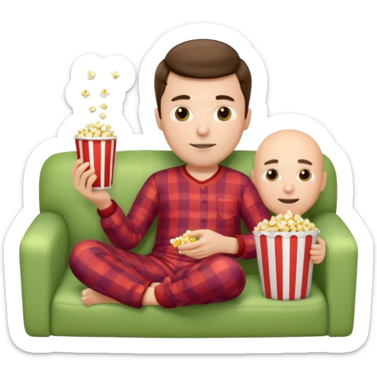 male memoji, lazy man in pajamas, lying on couch, holding TV remote, relaxed face, casual home vibe, popcorn bucket sticker