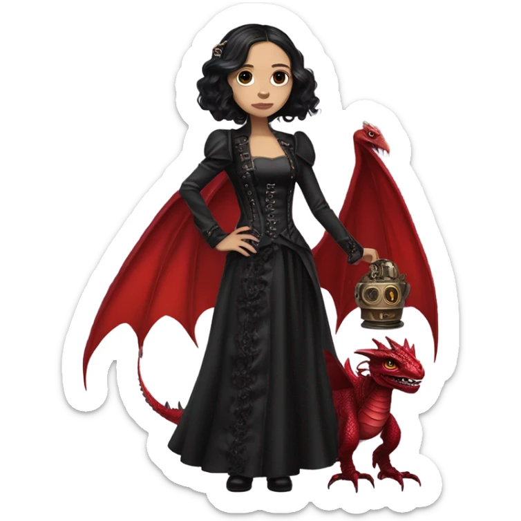 Lavish Victorian evening gown with gloves, Jenna Ortega as Addams girl Jedi wearing a steampunk mini tiara, standing next to a very large blood red evil-looking horned dragon sticker
