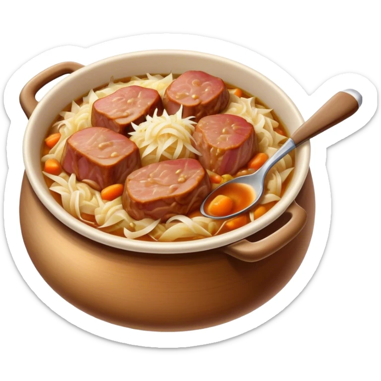 Cinematic Realistic Bigos Dish Emoji, showcasing a hearty stew of sauerkraut and meats rendered with rich textures and dynamic, rustic lighting. sticker
