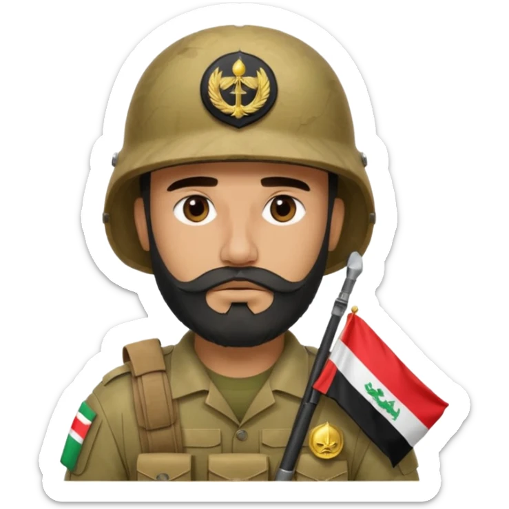 A tired, swarthy Iraqi soldier with a beard, an Iraqi flag on his helmet, a sad expression and bags under his eyes sticker